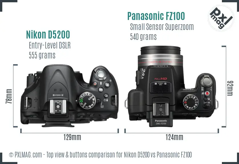 Nikon D5200 vs Panasonic FZ100 top view buttons comparison