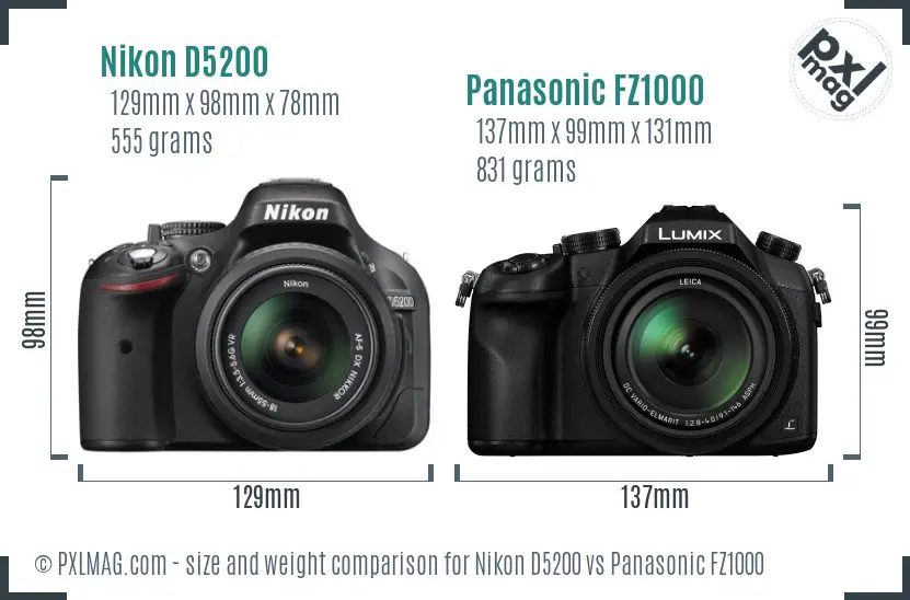 Nikon D5200 vs Panasonic FZ1000 size comparison Nikon D5200 vs Panasonic FZ1000 size comparison