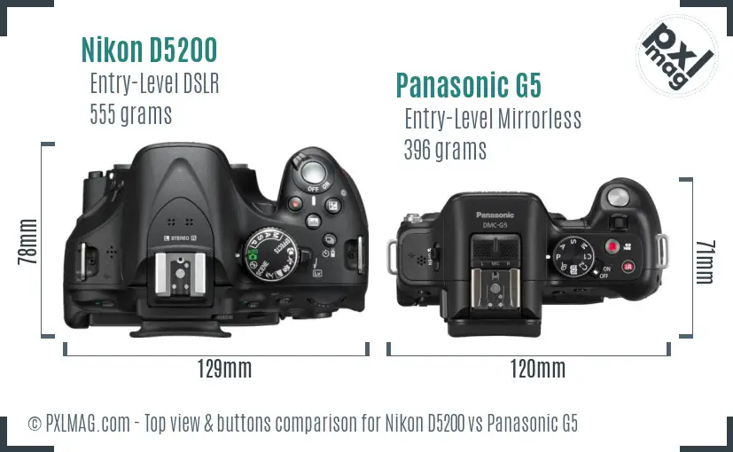 Nikon D5200 vs Panasonic G5 top view buttons comparison Nikon D5200 vs Panasonic G5 top view buttons comparison