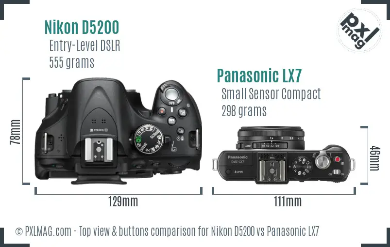 Nikon D5200 vs Panasonic LX7 top view buttons comparison