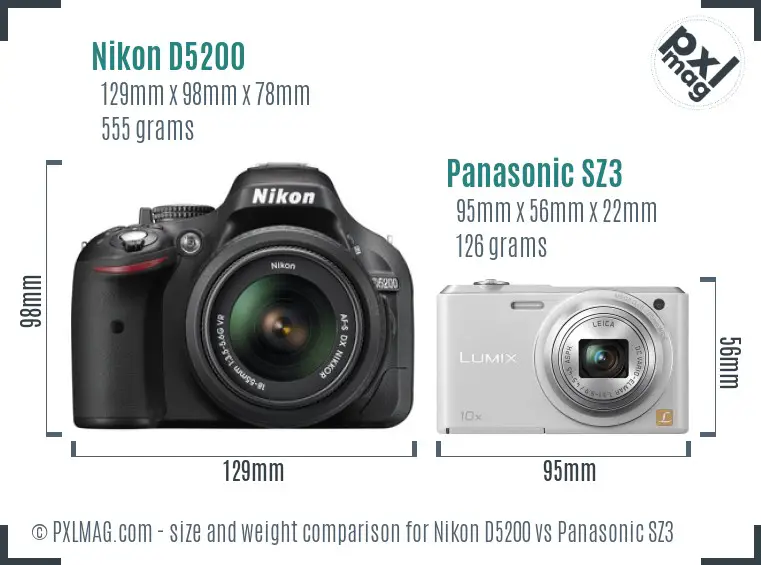 Nikon D5200 vs Panasonic SZ3 size comparison