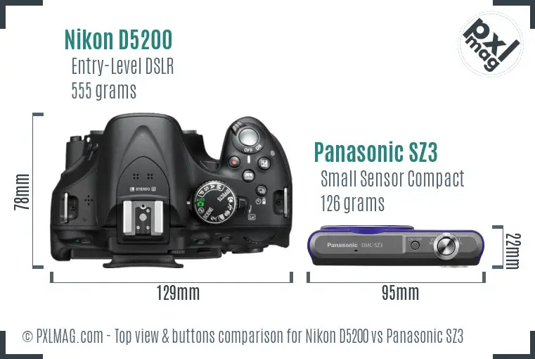 Nikon D5200 vs Panasonic SZ3 top view buttons comparison