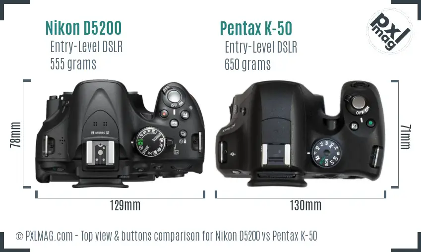 Nikon D5200 vs Pentax K-50 top view buttons comparison