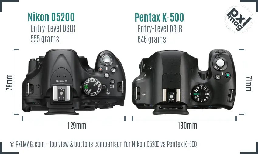 Nikon D5200 vs Pentax K-500 top view buttons comparison