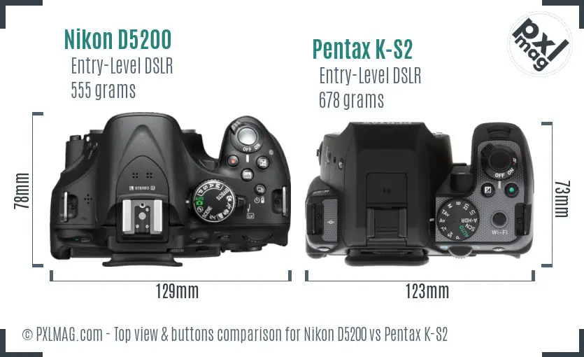 Nikon D5200 vs Pentax K-S2 top view buttons comparison