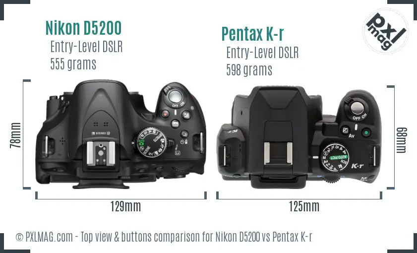 Nikon D5200 vs Pentax K-r top view buttons comparison