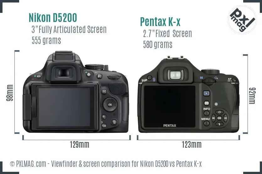 Nikon D5200 vs Pentax K-x Screen and Viewfinder comparison