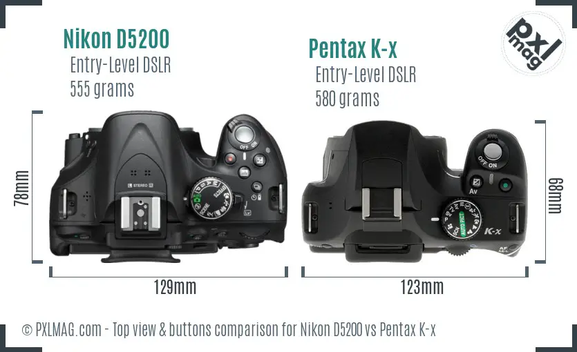 Nikon D5200 vs Pentax K-x top view buttons comparison
