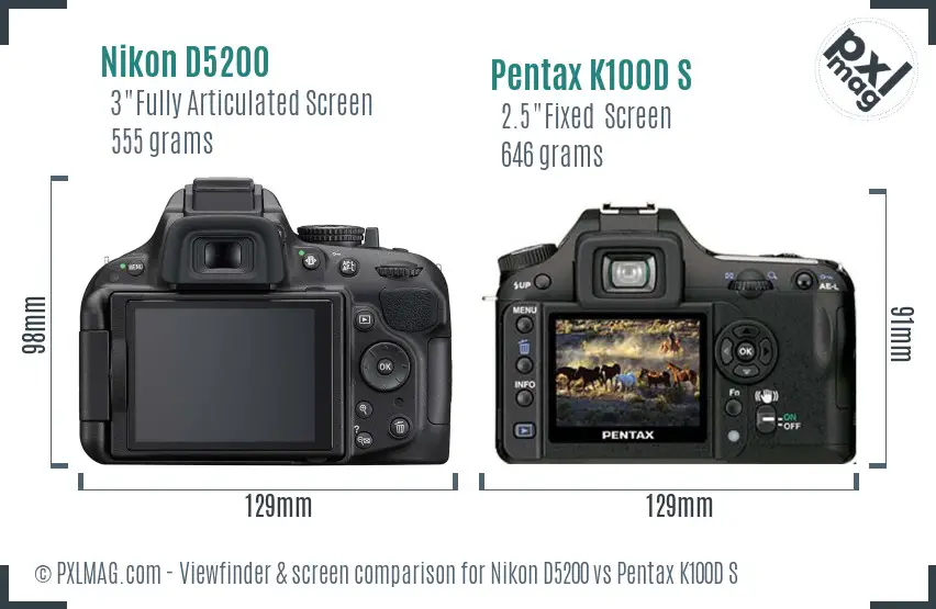 Nikon D5200 vs Pentax K100D S Screen and Viewfinder comparison