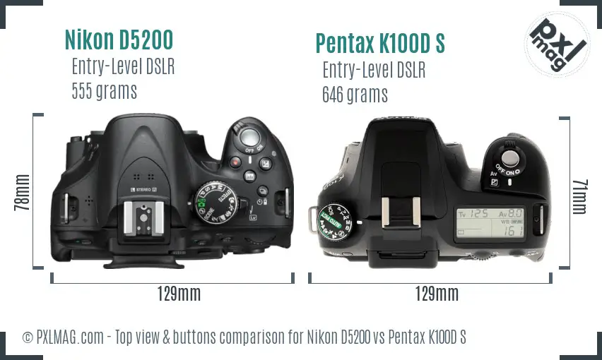 Nikon D5200 vs Pentax K100D S top view buttons comparison
