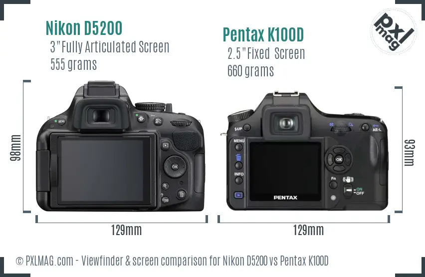 Nikon D5200 vs Pentax K100D Screen and Viewfinder comparison