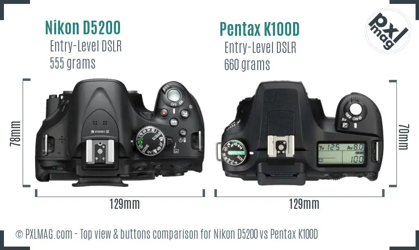 Nikon D5200 vs Pentax K100D top view buttons comparison