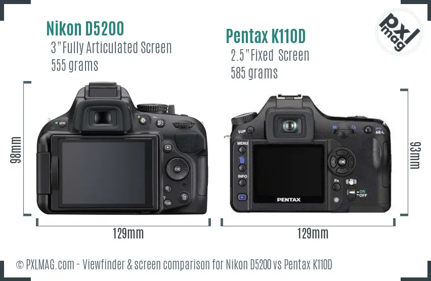Nikon D5200 vs Pentax K110D Screen and Viewfinder comparison