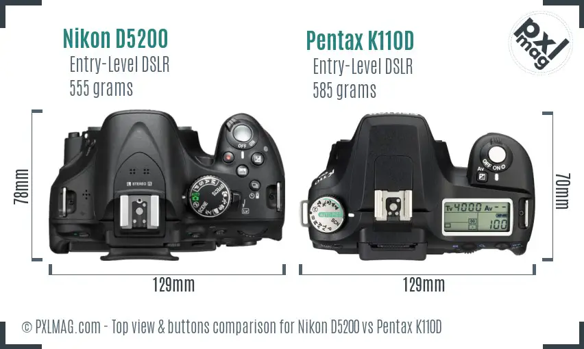 Nikon D5200 vs Pentax K110D top view buttons comparison
