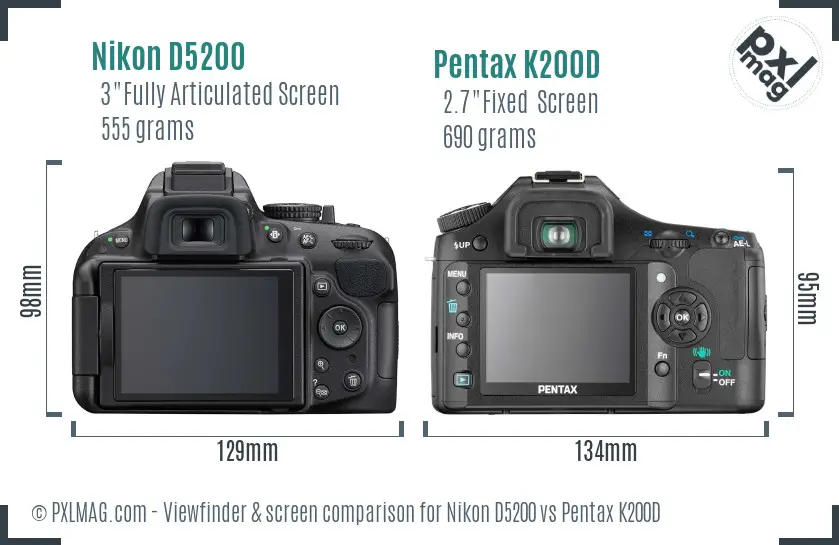 Nikon D5200 vs Pentax K200D Screen and Viewfinder comparison
