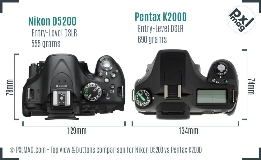 Nikon D5200 vs Pentax K200D top view buttons comparison