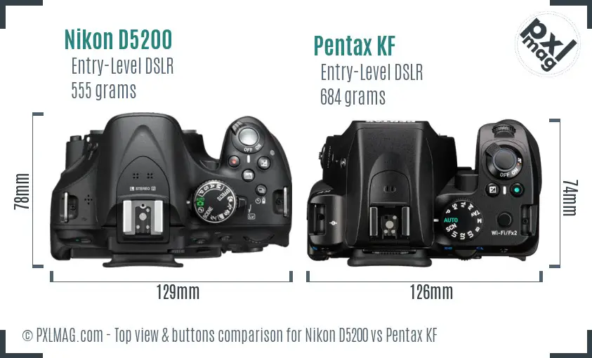 Nikon D5200 vs Pentax KF top view buttons comparison