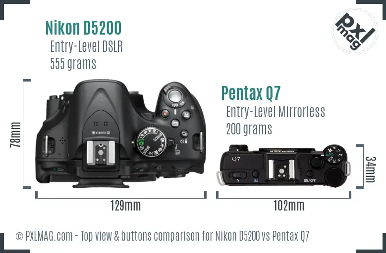 Nikon D5200 vs Pentax Q7 top view buttons comparison