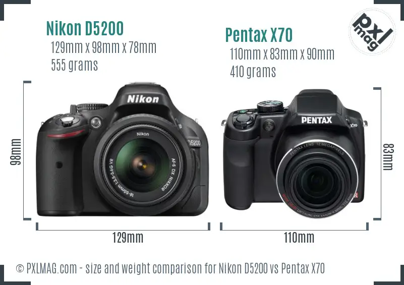 Nikon D5200 vs Pentax X70 size comparison