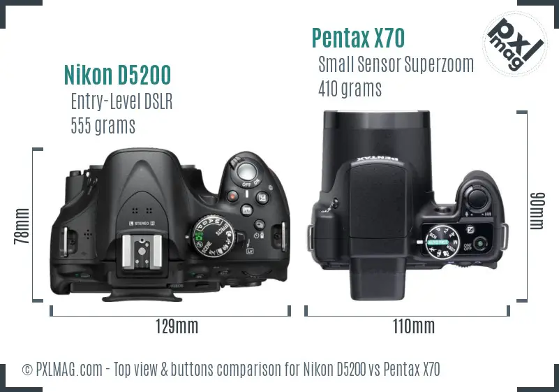 Nikon D5200 vs Pentax X70 top view buttons comparison