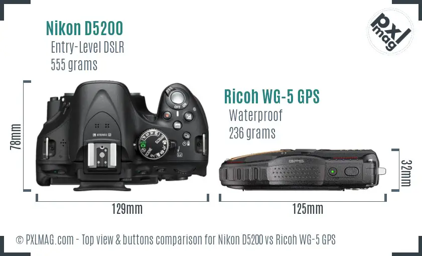 Nikon D5200 vs Ricoh WG-5 GPS top view buttons comparison Nikon D5200 vs Ricoh WG-5 GPS top view buttons comparison