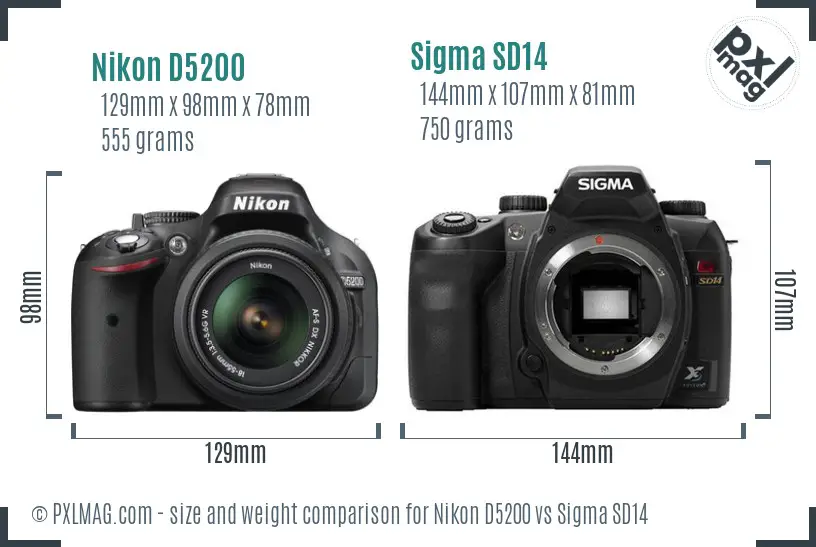 Nikon D5200 vs Sigma SD14 size comparison