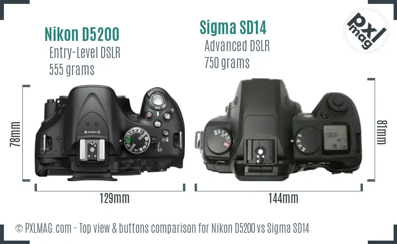 Nikon D5200 vs Sigma SD14 top view buttons comparison