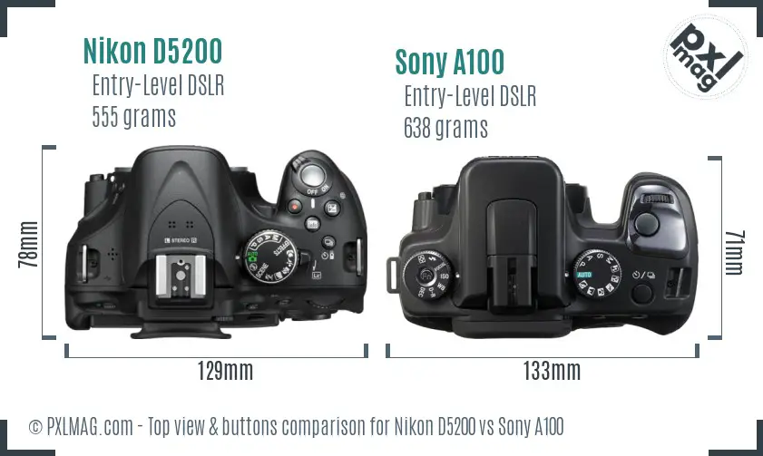 Nikon D5200 vs Sony A100 top view buttons comparison
