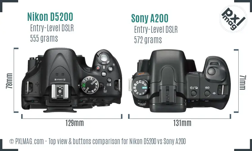 Nikon D5200 vs Sony A200 top view buttons comparison