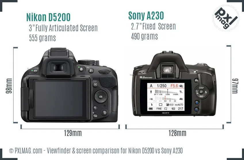 Nikon D5200 vs Sony A230 Screen and Viewfinder comparison