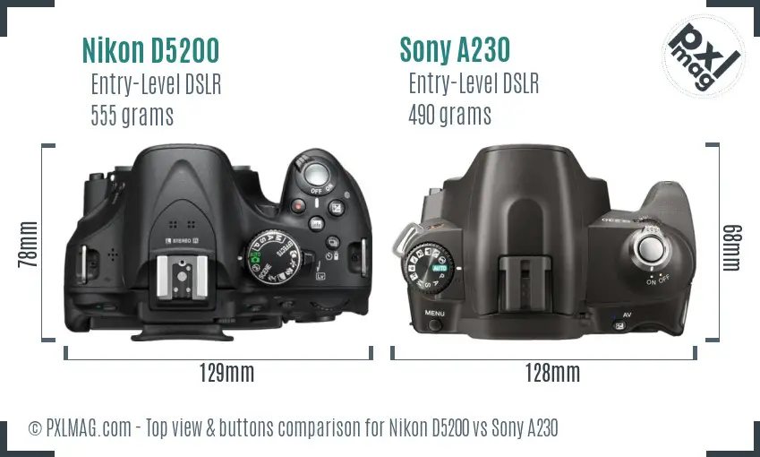 Nikon D5200 vs Sony A230 top view buttons comparison