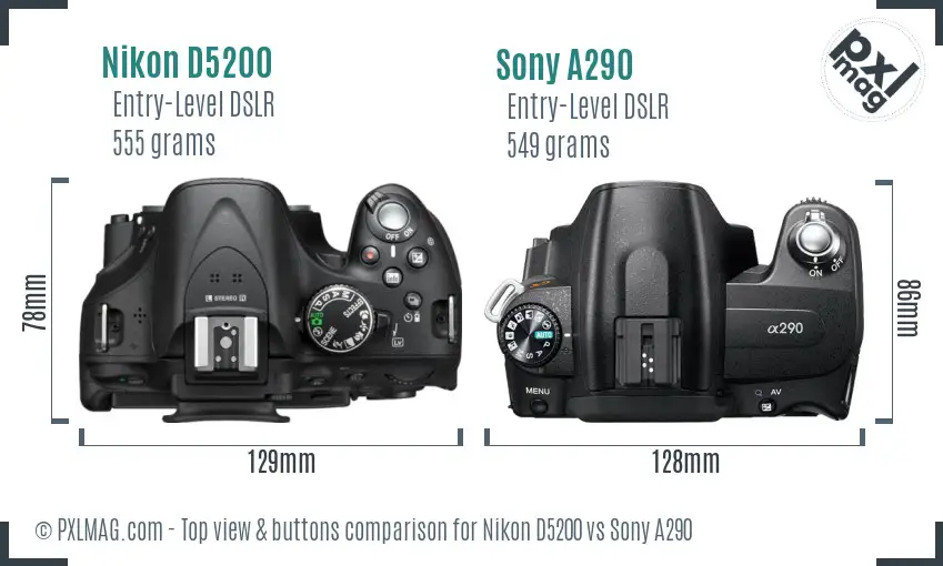 Nikon D5200 vs Sony A290 top view buttons comparison