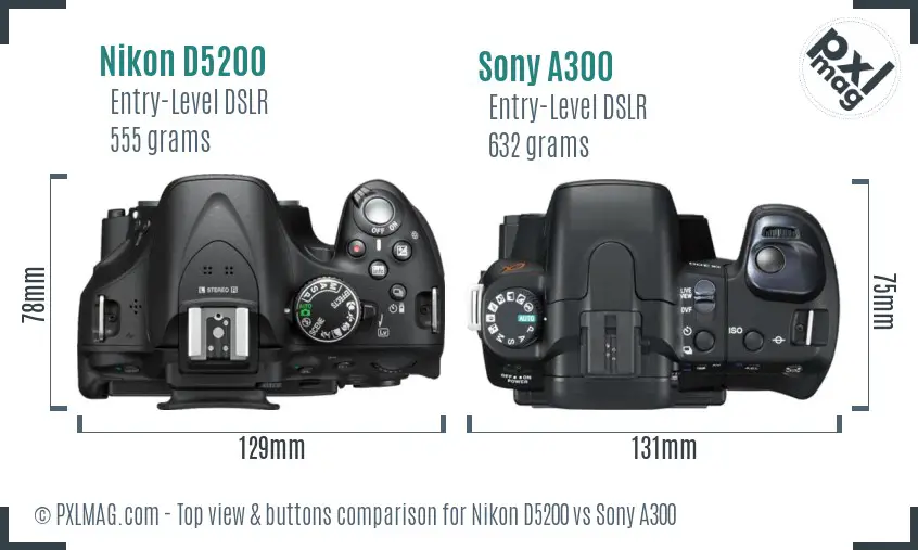 Nikon D5200 vs Sony A300 top view buttons comparison