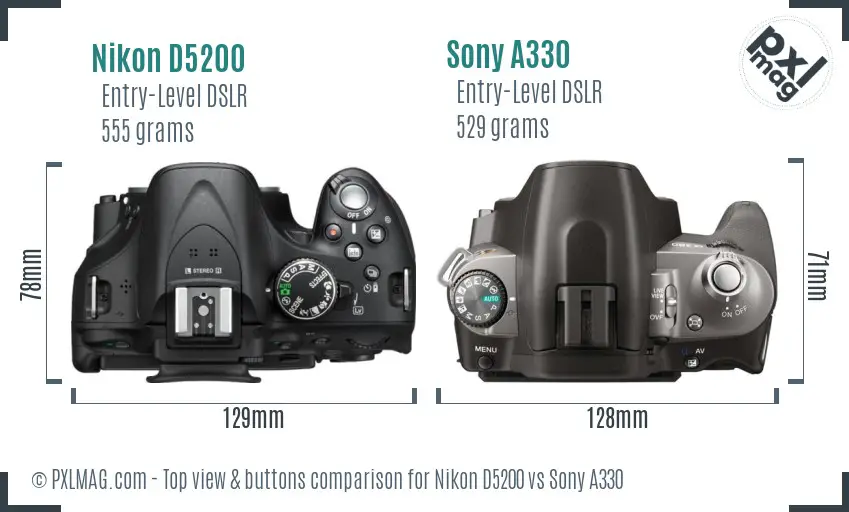 Nikon D5200 vs Sony A330 top view buttons comparison