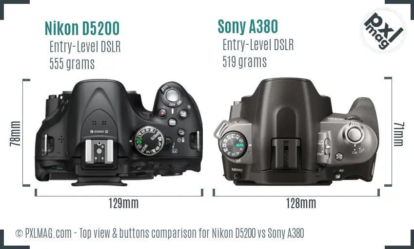 Nikon D5200 vs Sony A380 top view buttons comparison