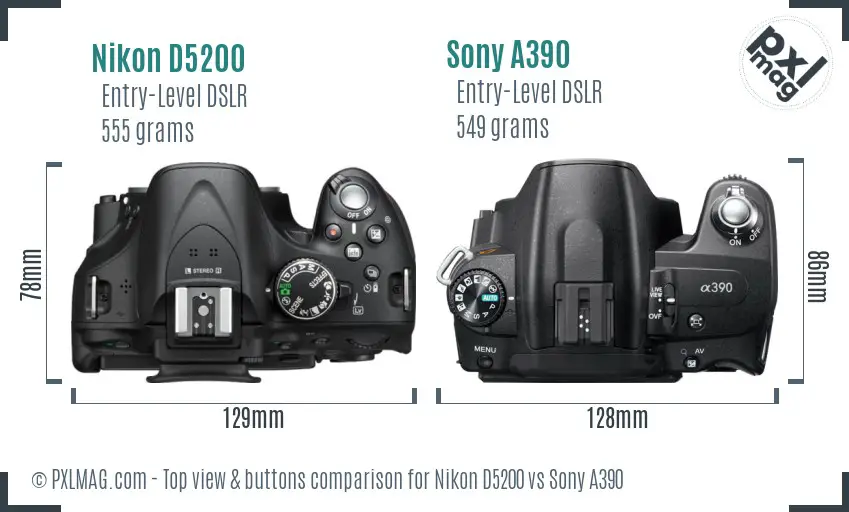 Nikon D5200 vs Sony A390 top view buttons comparison