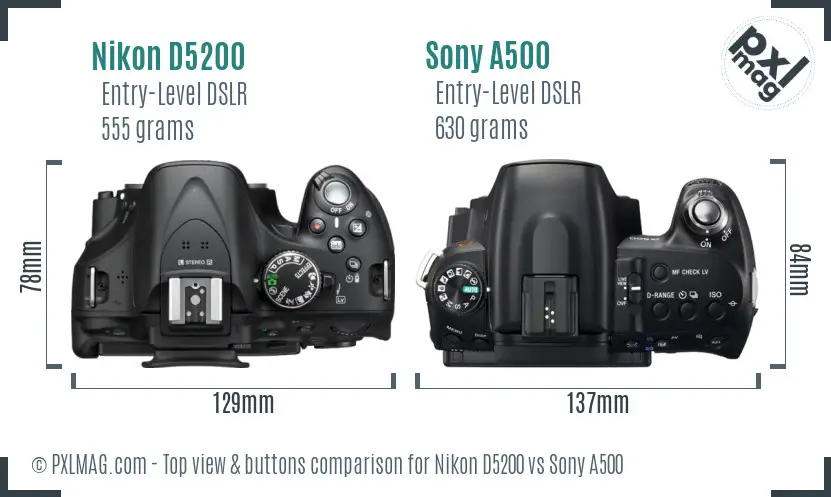 Nikon D5200 vs Sony A500 top view buttons comparison