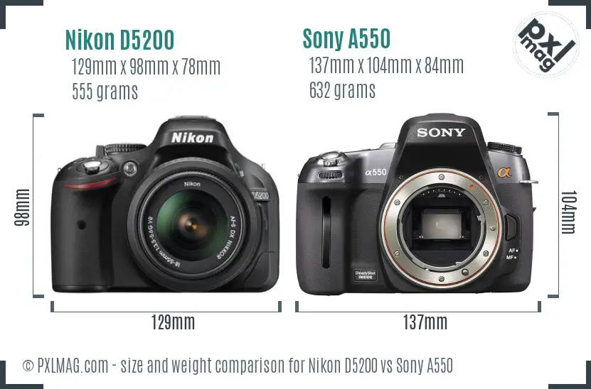 Nikon D5200 vs Sony A550 size comparison