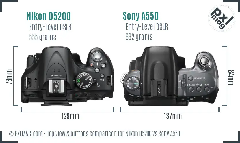 Nikon D5200 vs Sony A550 top view buttons comparison