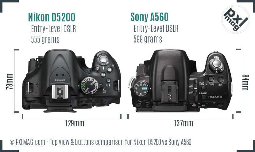 Nikon D5200 vs Sony A560 top view buttons comparison
