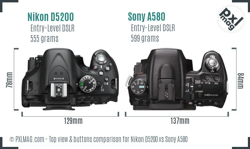 Nikon D5200 vs Sony A580 top view buttons comparison Nikon D5200 vs Sony A580 top view buttons comparison