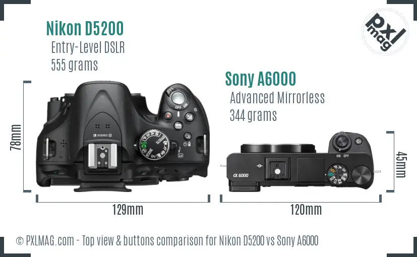 Nikon D5200 vs Sony A6000 top view buttons comparison Nikon D5200 vs Sony A6000 top view buttons comparison