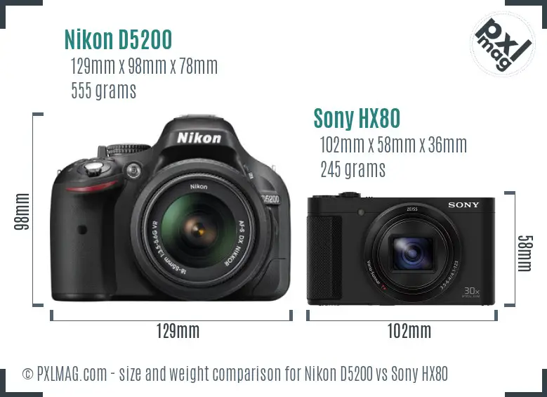Nikon D5200 vs Sony HX80 size comparison