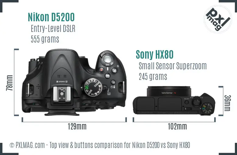 Nikon D5200 vs Sony HX80 top view buttons comparison