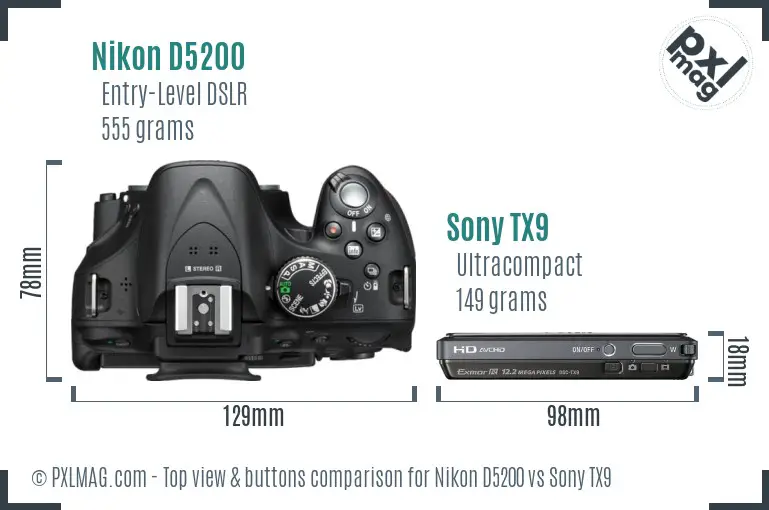 Nikon D5200 vs Sony TX9 top view buttons comparison