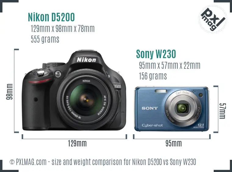 Nikon D5200 vs Sony W230 size comparison