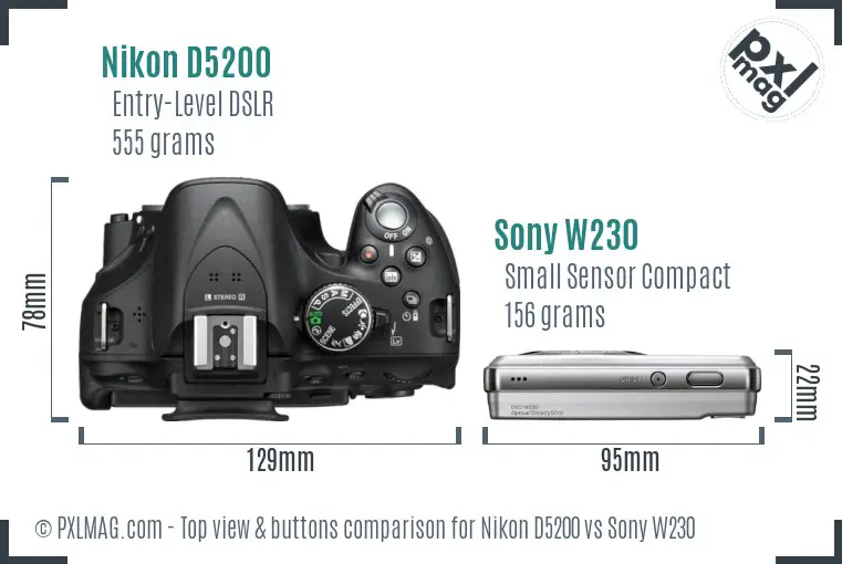 Nikon D5200 vs Sony W230 top view buttons comparison