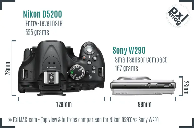 Nikon D5200 vs Sony W290 top view buttons comparison