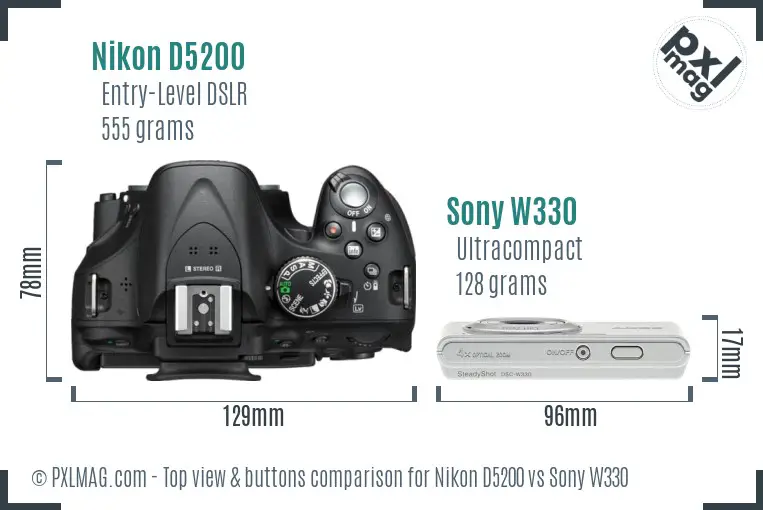 Nikon D5200 vs Sony W330 top view buttons comparison