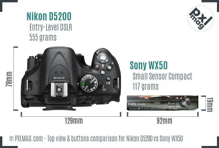 Nikon D5200 vs Sony WX50 top view buttons comparison